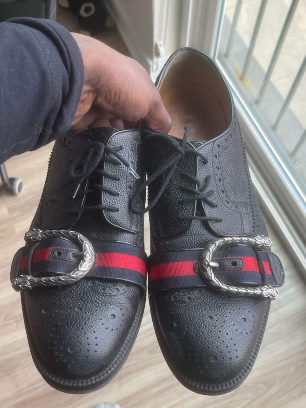 Gucci Black Leather Brogue Derby with Red and Navy Stripe Strap